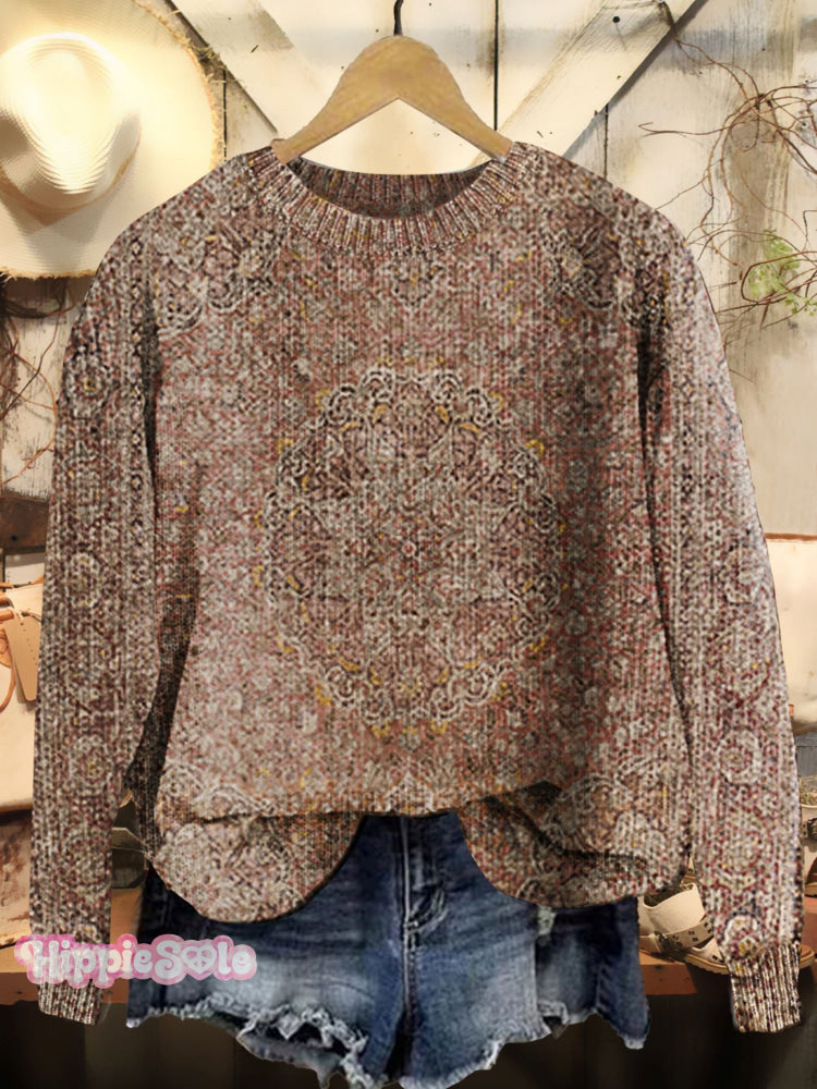 Ethnic Art Print Knitted Pullover Sweater Multicolor / S