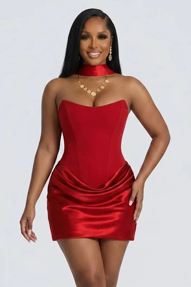 red strapless dress with scarf Strapless Scarf Look Maxi Dress