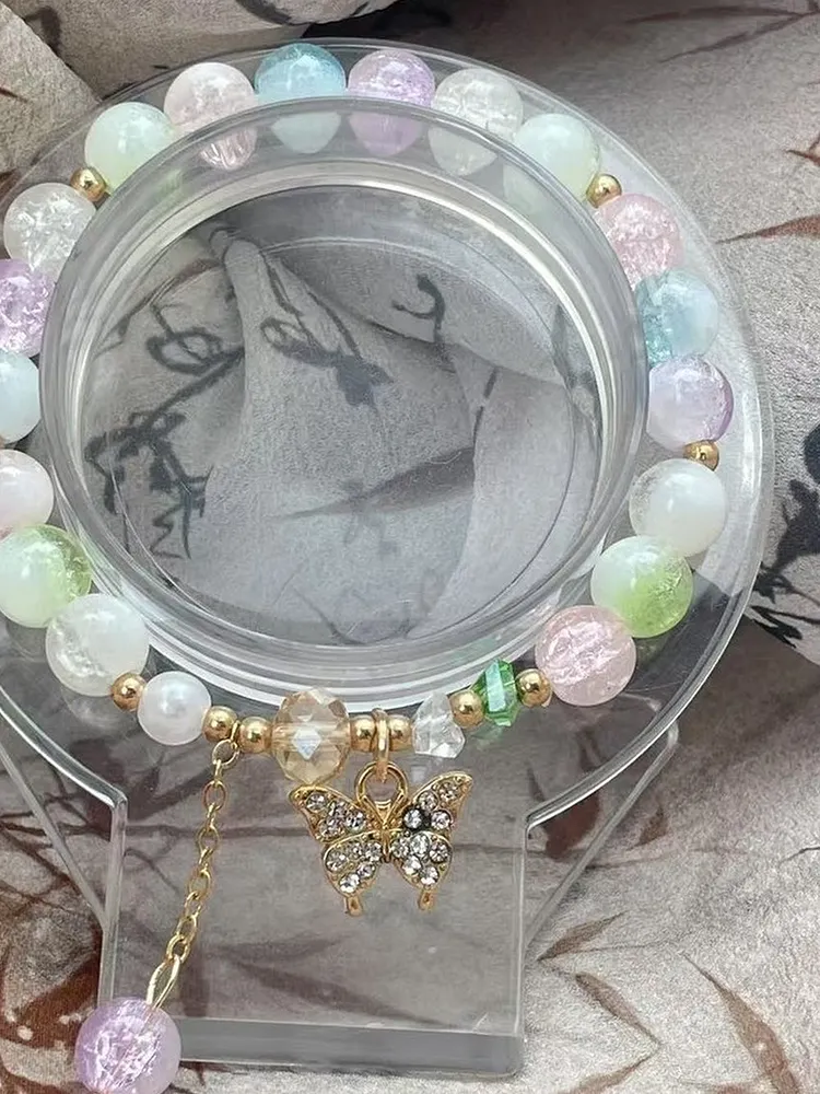 Elastic Crystal and Glass Bead Bracelet for Women
