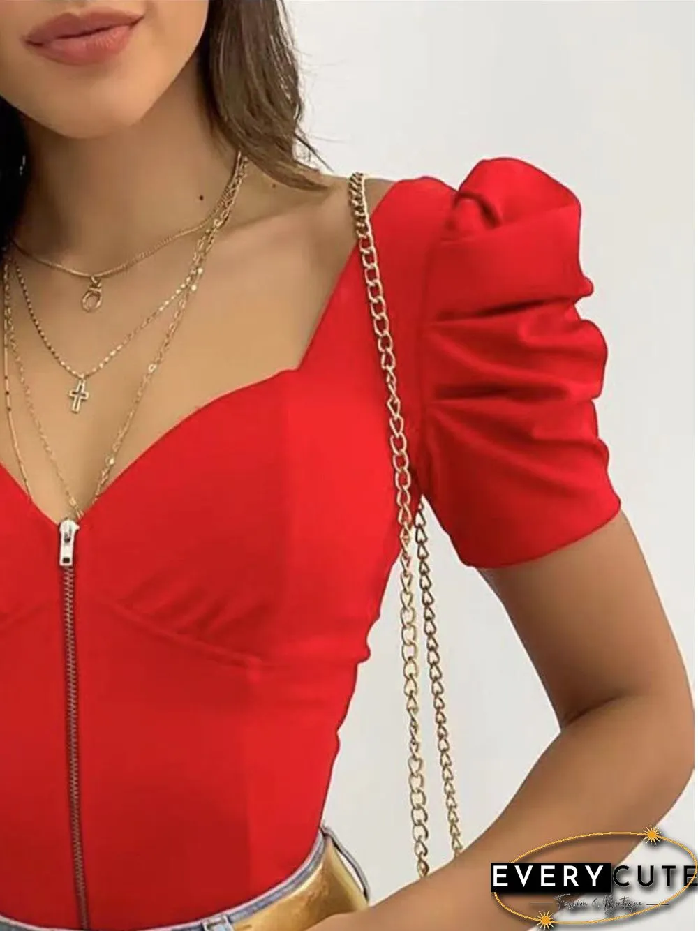Women'S T-Shirts U-Neck Zipper Puff Sleeve T-Shirt