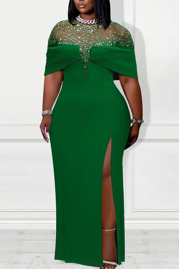 Plus Size Formal Dress Green Mesh Rhinestone High Split Knitted Maxi Dress