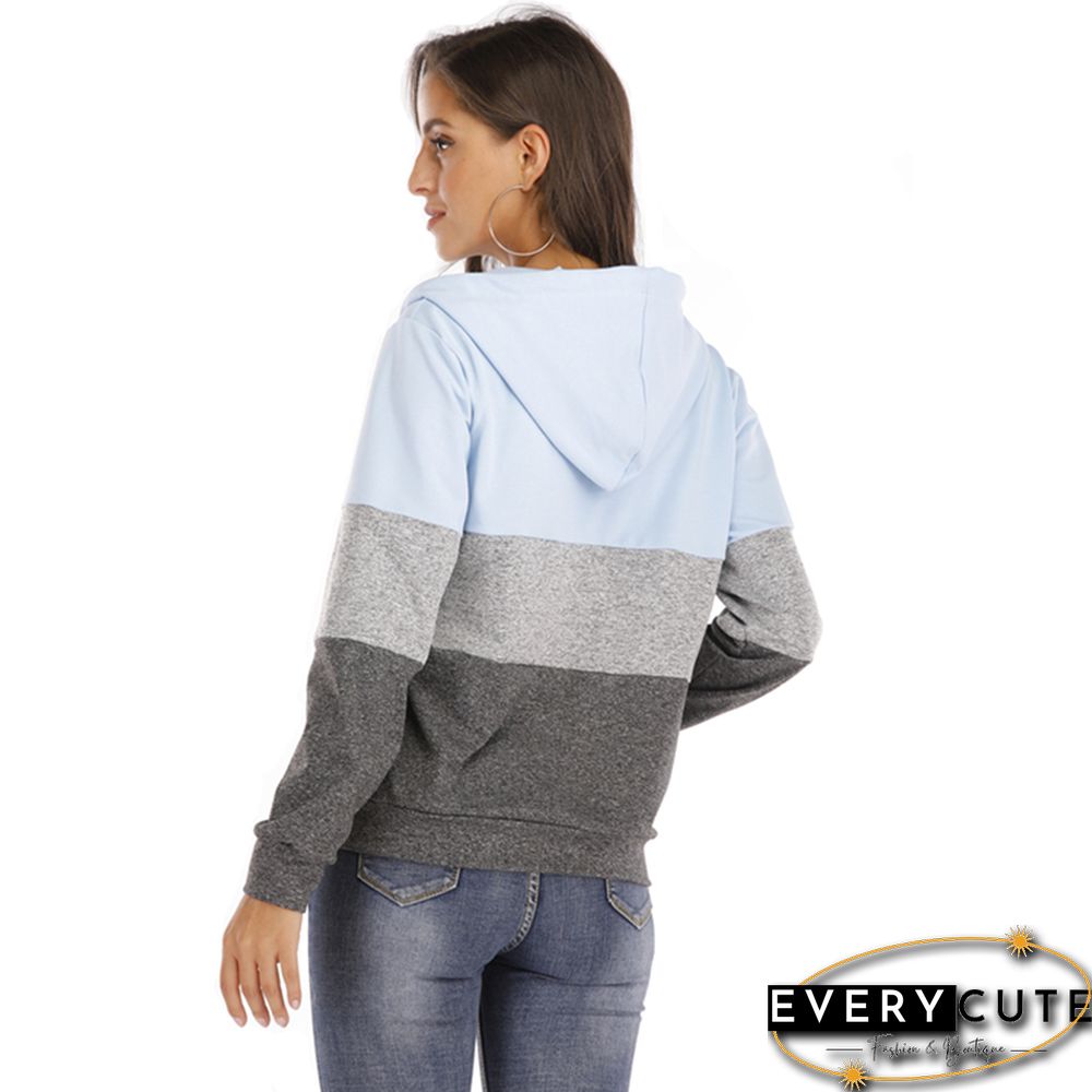 Light Blue Color Block Drawstring Hoodie