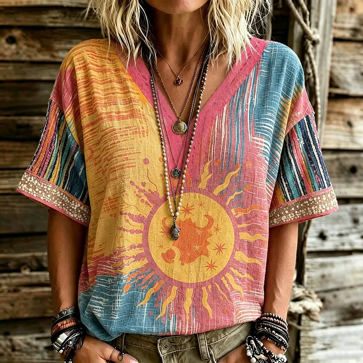 Women's Retro Star And Moon Embroidered Print V-neck Top