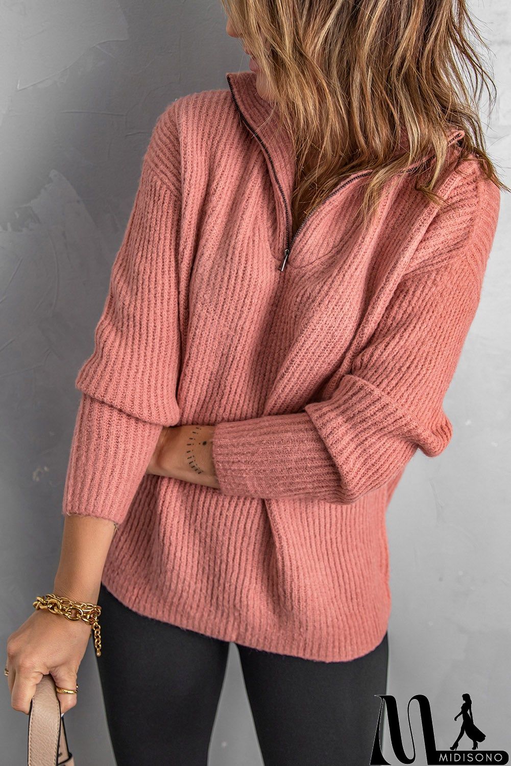 MidiSono - Pink Zip Neck Knitted Sweater