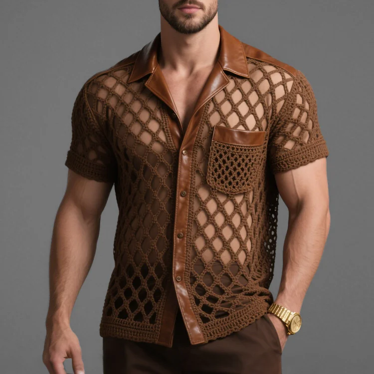 Okaywear Camp Collar Short Sleeve Chest Pocket Hollow Crochet Shirt 