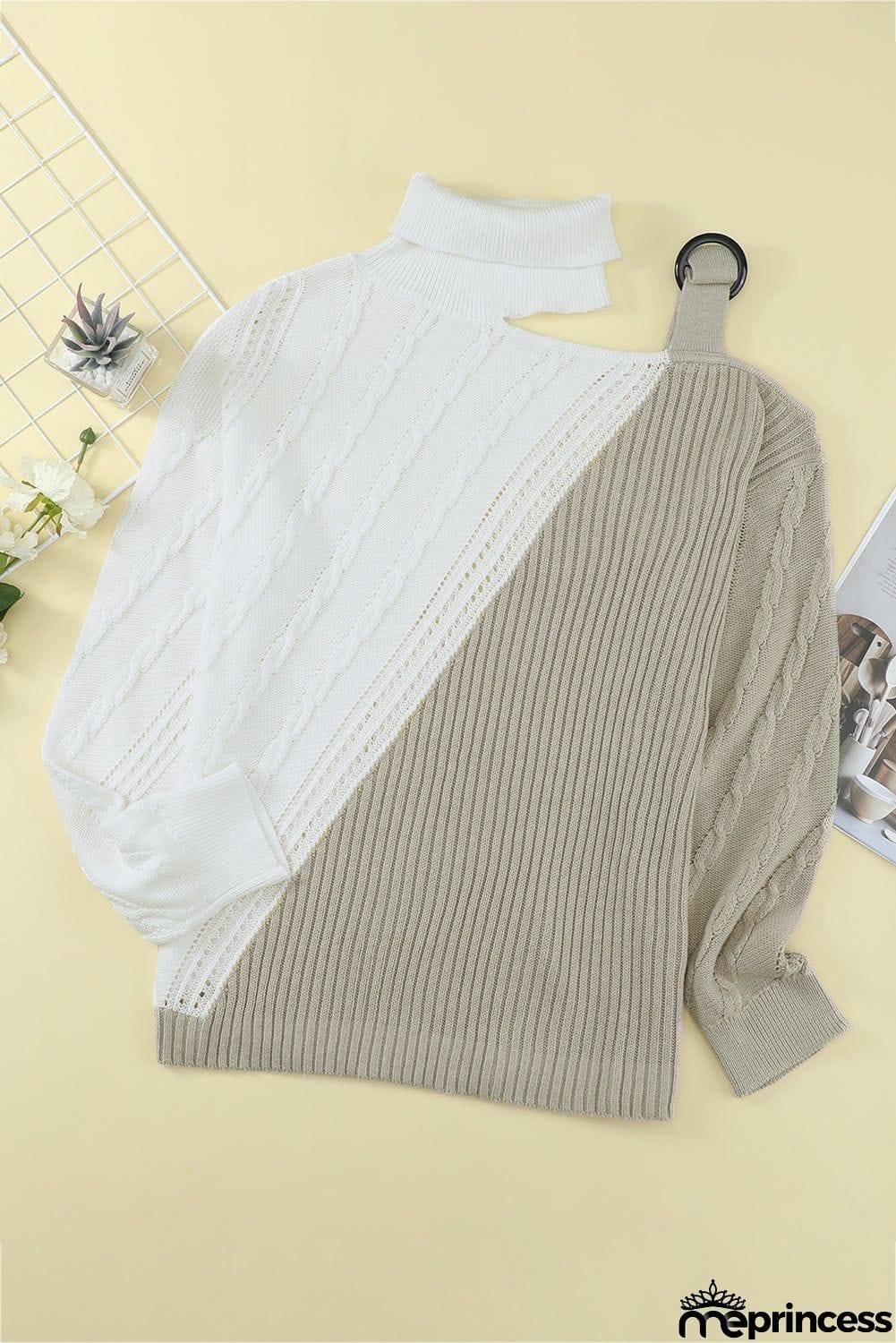 Chic Apricot White Turtleneck Cold Shoulder Sweater