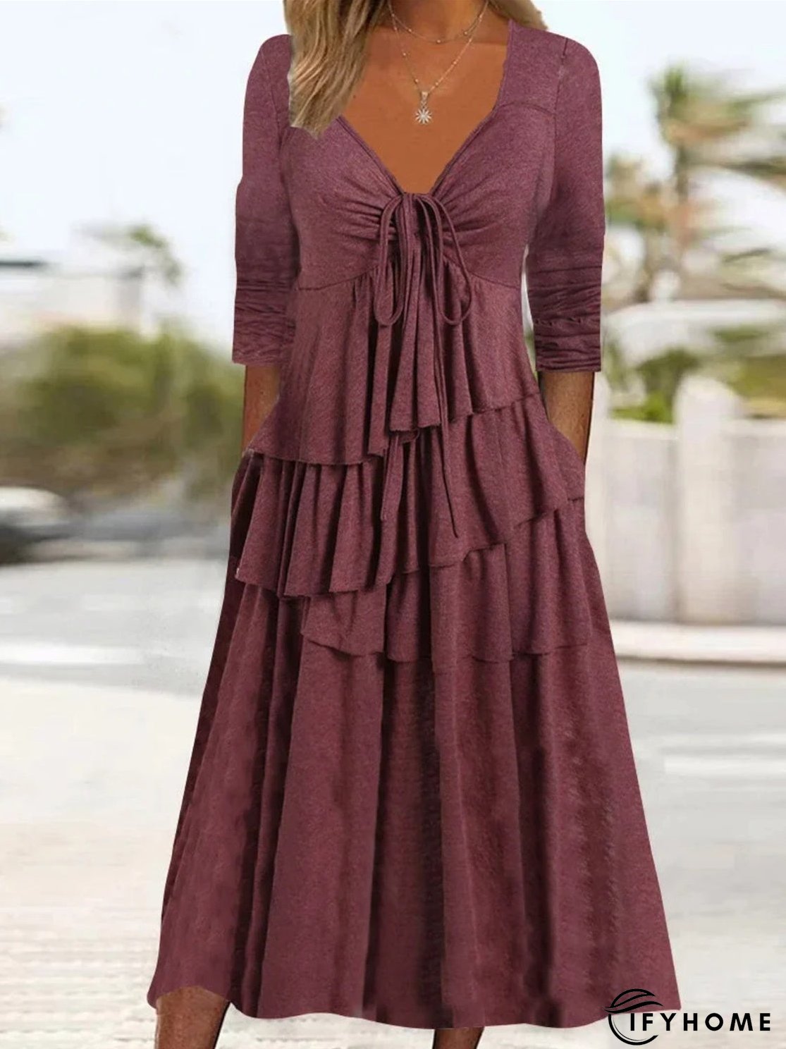 Women's Long Sleeve V-neck Irregular Cake Maxi Dress | IFYHOME