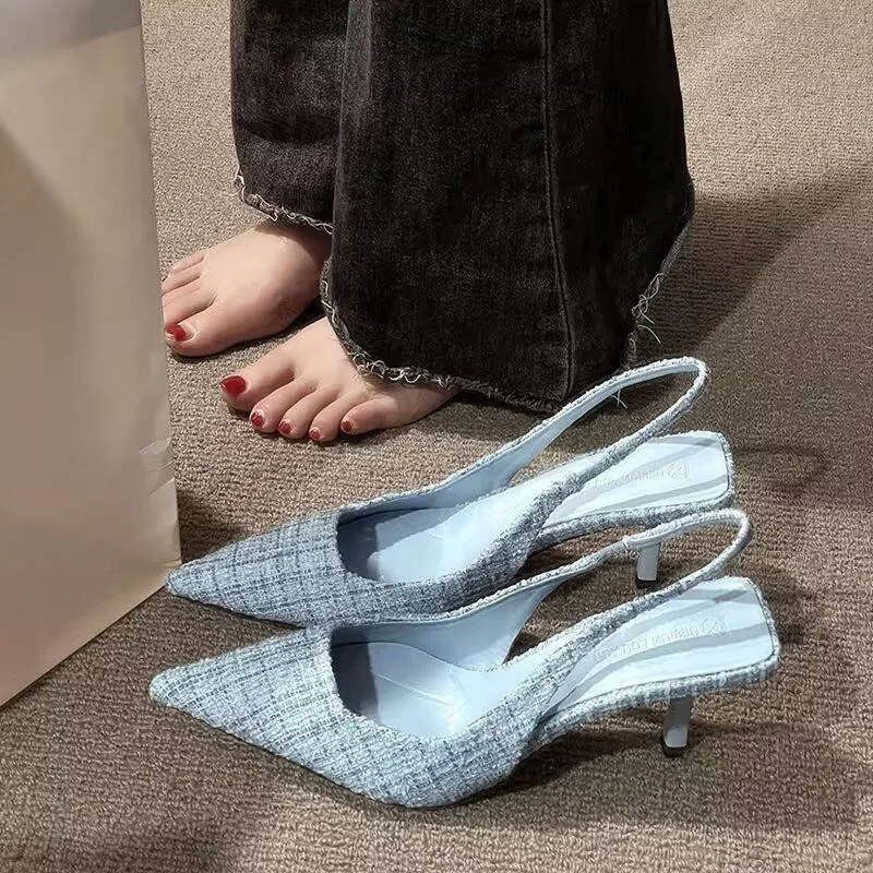 Tanguoant Tanguoant / Summer 2023 New Thin Shoes With Pointed Head And Back Empty Sandals Women's Small Fragrant Wind French Shoes High Heel Sandals