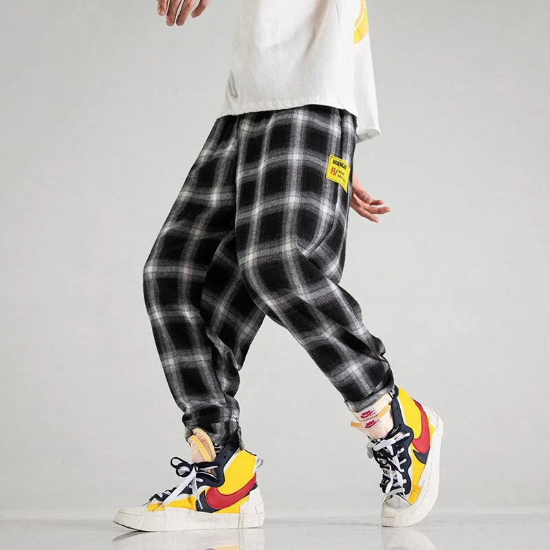 Aonga  New Hip Hop Unisex Elastic Relaxed Fit Pants Streetwear Baggy Casual Loose Drawstring Trousers Plaid Pants For Men