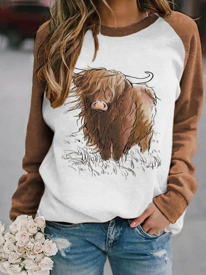 Women's Highland Cow Print Casual Sweatshirt socialshop