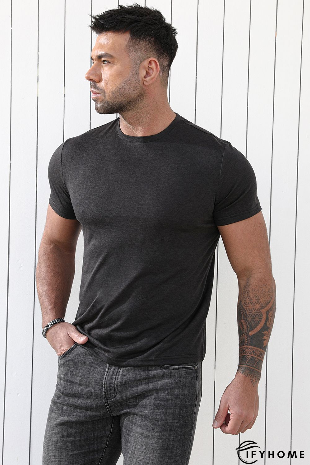 Gray Solid Basic Crewneck Short Sleeve Men\'s T-shirt | IFYHOME