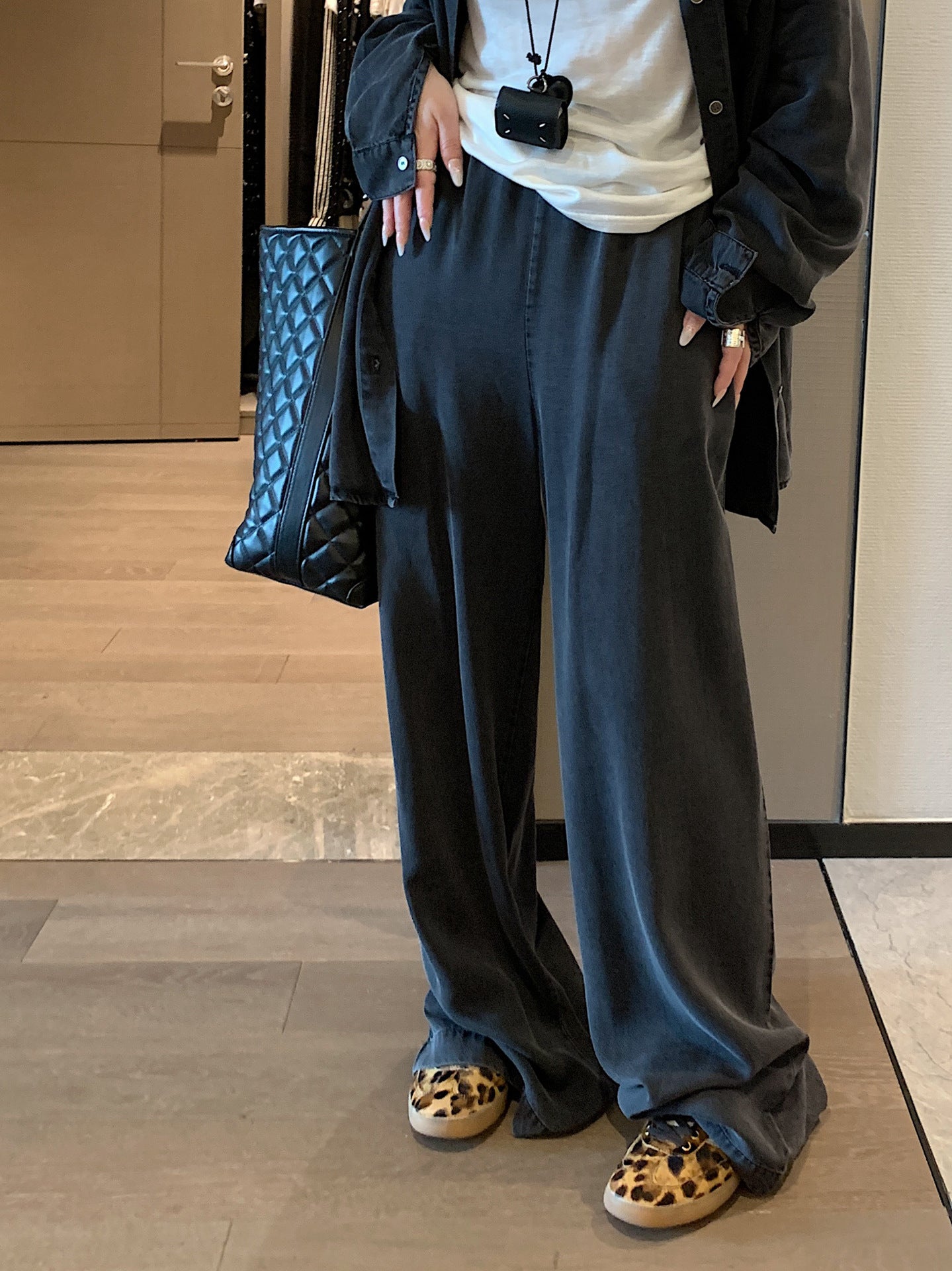thanksgiving outfit black women Tencel Denim Shirt Suit Women's Spring and Summer Leisure Sports Jacket/Straight Trousers Two-Piece Set