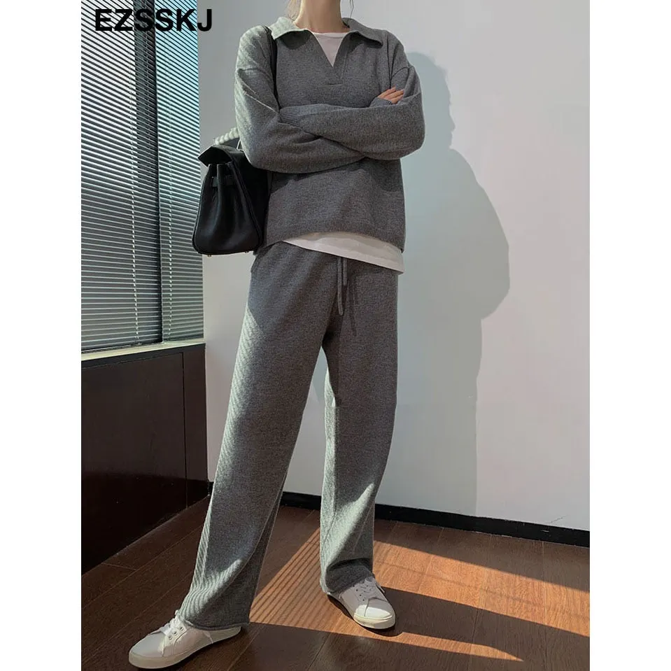 2 Pieces Set Women oversize Tracksuit polo collar Sweater Pullover straight pants Sweater Set CHIC Knitted Outwear sweater suit
