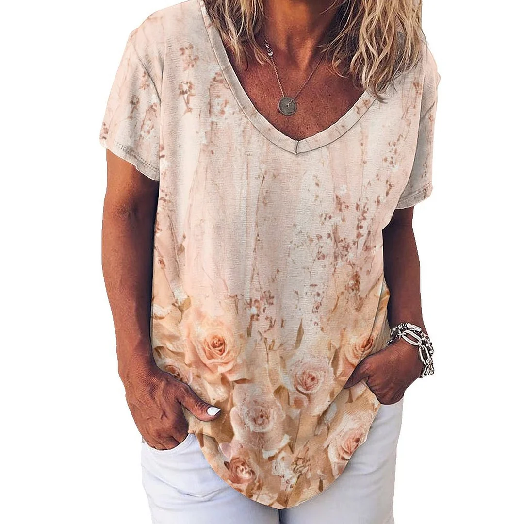 V-neck Short Sleeve Casual T-shirt for  Women Printed with Pattern Floral, Glitter, Pink