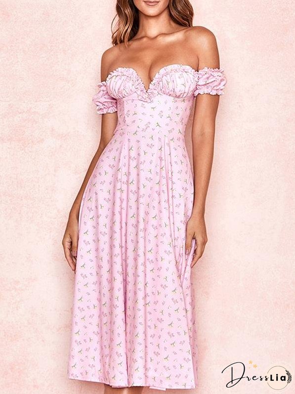 Card Shoulder Printed High Split Midi Dress