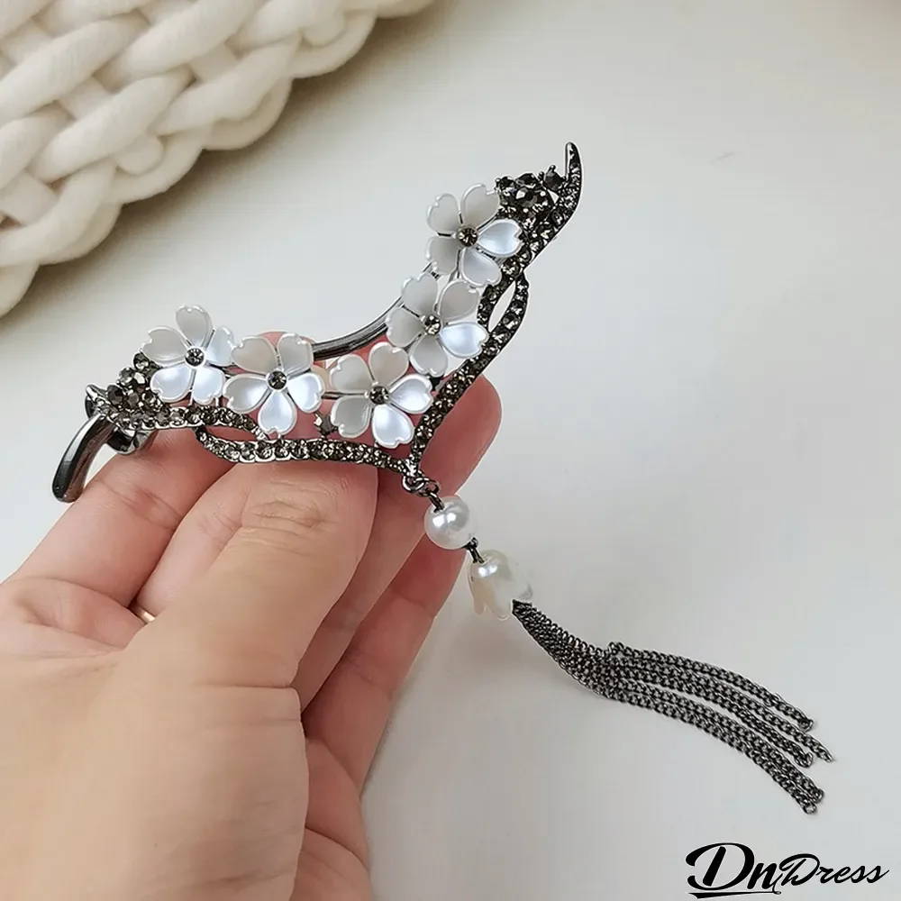 V-shaped Flower Hair Clip With Faux Pearl Tassel Rhinestone Back Head Clip For Thick Hair Daily Headwear Party Accessories