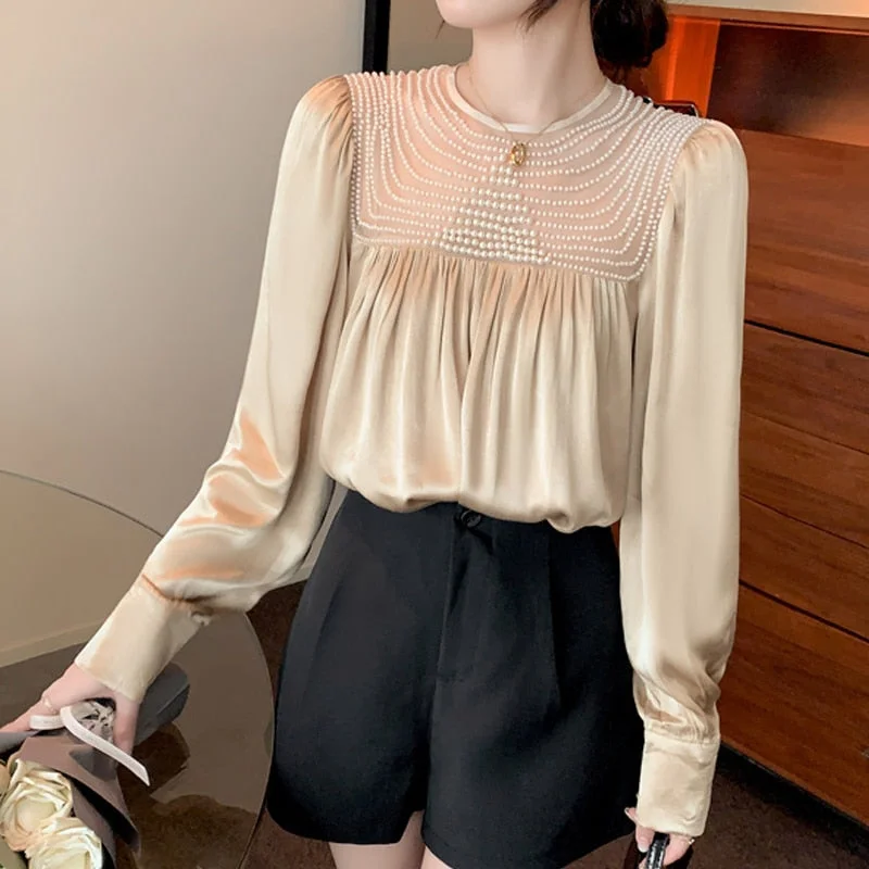 Elegant Mesh Satin Chiffon Shirt Long Sleeve Pleated Loose Vintage Blouse Autumn Casual O-neck Beading Stitching Blouse 17049