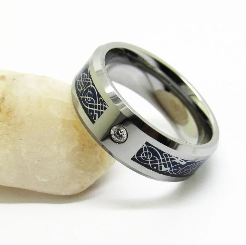 8MM Men Women Tungsten Wedding Matching Rings Silver Celtic Dragon Knot Black Cz Inlaid for Couple