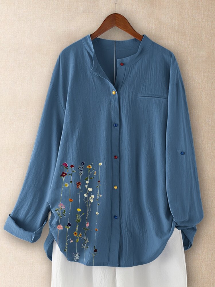 Flower Printed Long Sleeve Stand Collar Blouse For Women P1704855