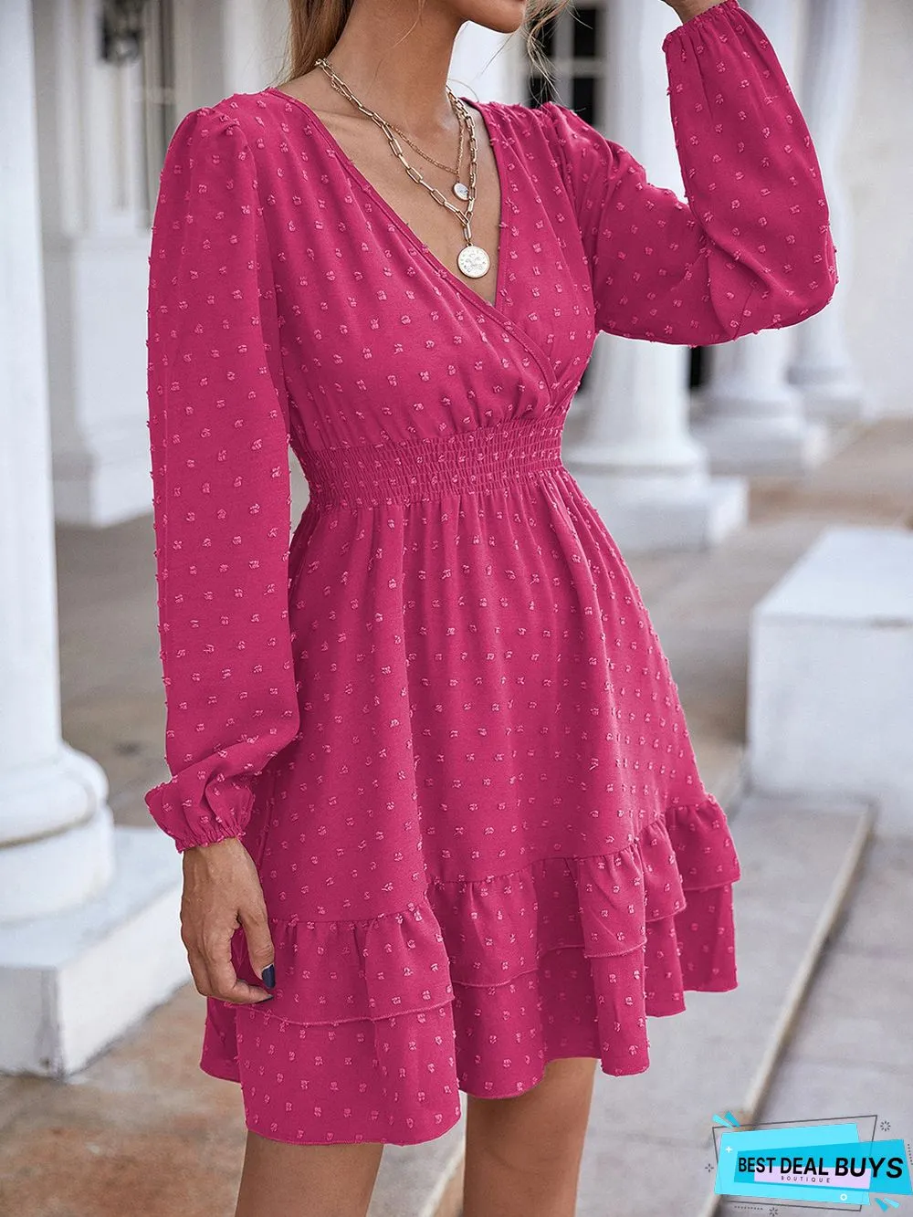 V-Neck Long-Sleeve Flounces Trim Commuter Dress For Women