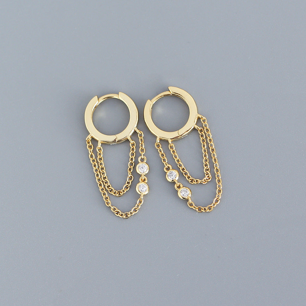 925 Sterling Silver Women Tassel Silver Diamond Inlay Stud Earrings