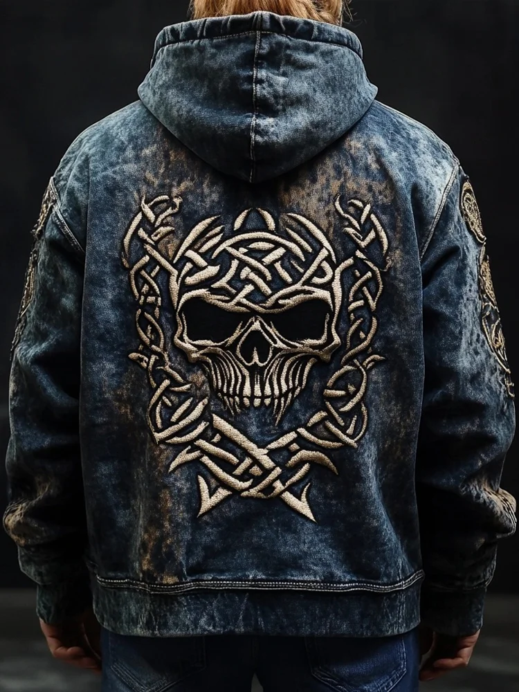 Men's Viking Celtic Skull Embroidered Vintage Hoodie
