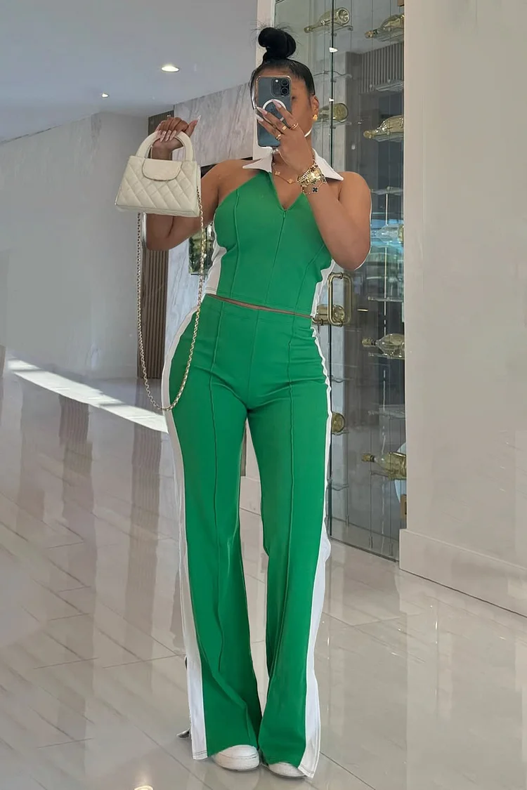 Colorblock Stripe Sleeveless Top Slit Hem Pants 2pcs Set-Green