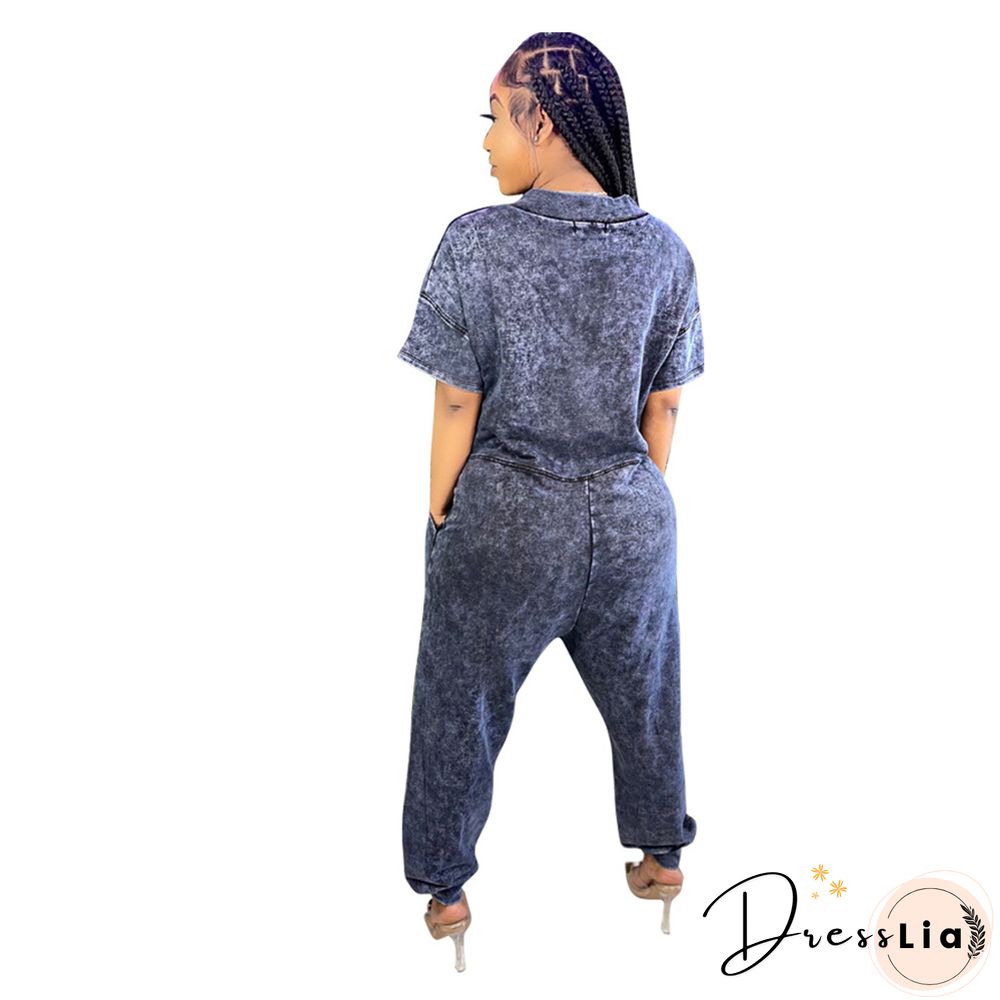 Loose Short Sleeve V Neck Long Harem Jumpsuits