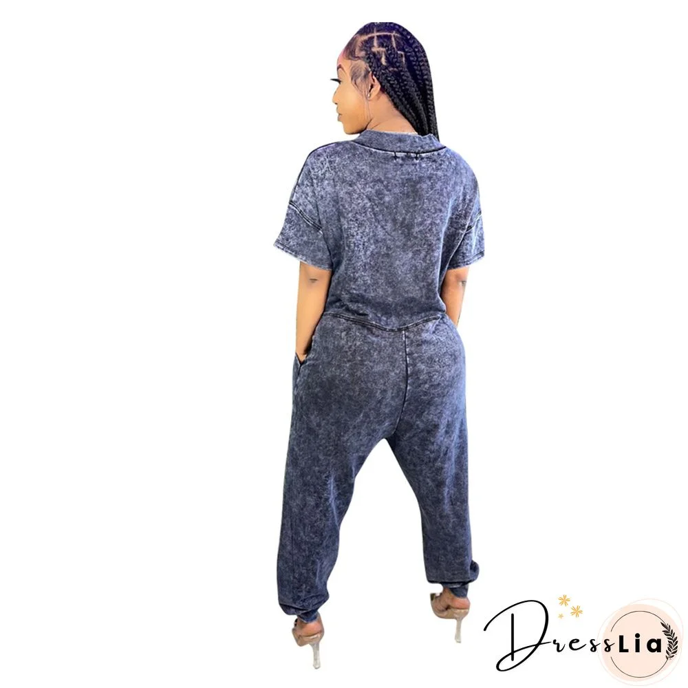 Loose Short Sleeve V Neck Long Harem Jumpsuits