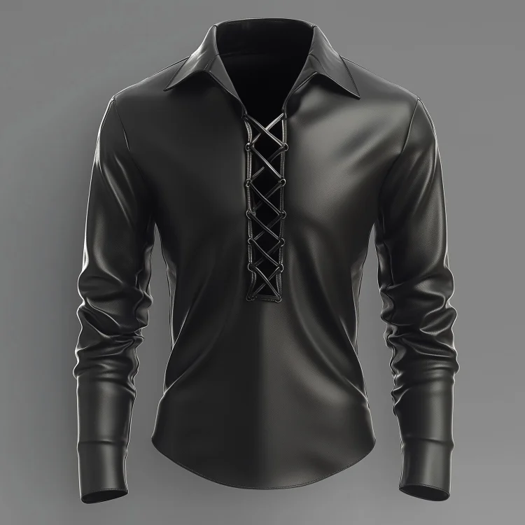 Okaywear Solid Turndown Collar Strappy Long Sleeve PU Leather Shirt 