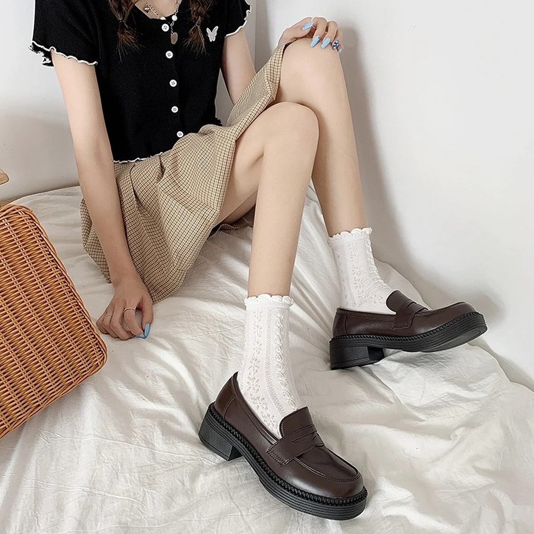 Lourdasprec Small Leather Shoes Women's Shoes New Retro Summer Loafers Thick Heels Fashion Flat Ladies