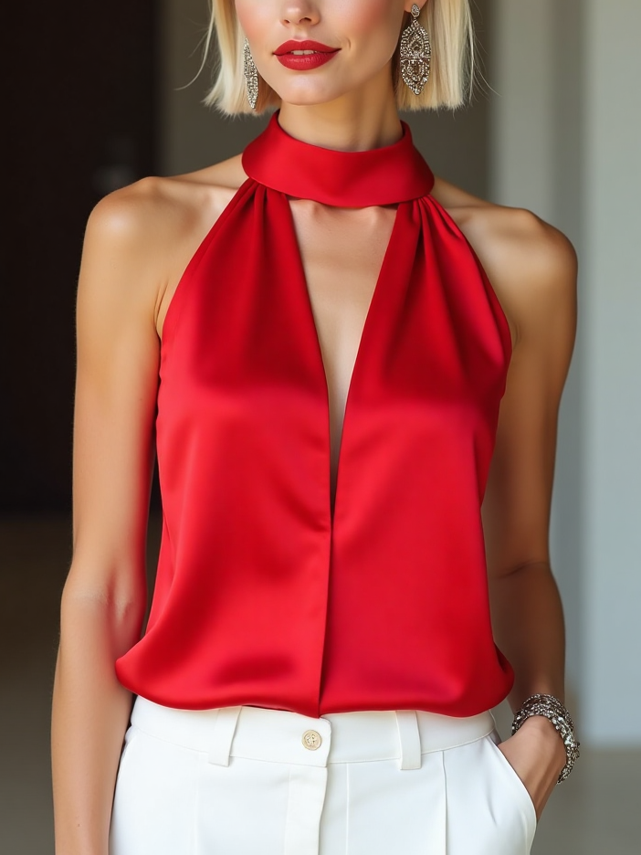 Halterneck Hollow Sleeveless Deep-V Solid Color Stain Top