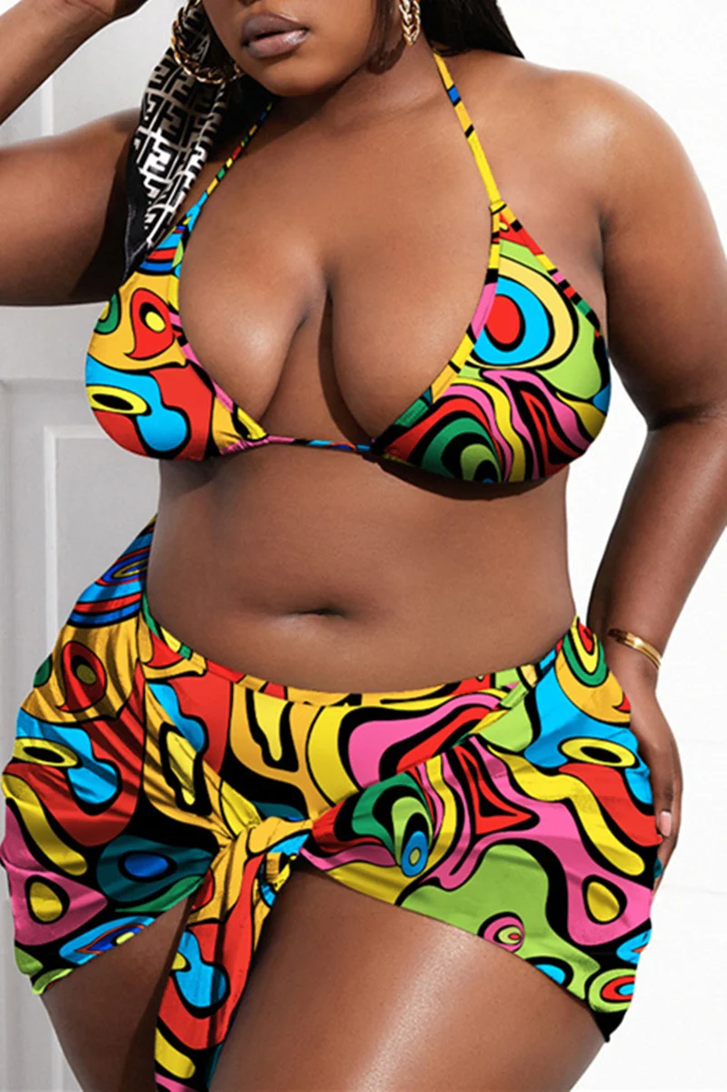Multicolor Fashion Sexy Print Bandage Backless Halter Plus Size Swimwear Three-piece Set | EGEMISS
