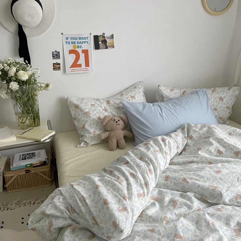 Aonga Ins Style Cotton Bedding Set Vintage Floral Fitted Sheet Duvet Cover Pillowcase Full Queen Boy Girls Dormitory Bedclothes Gift aonga