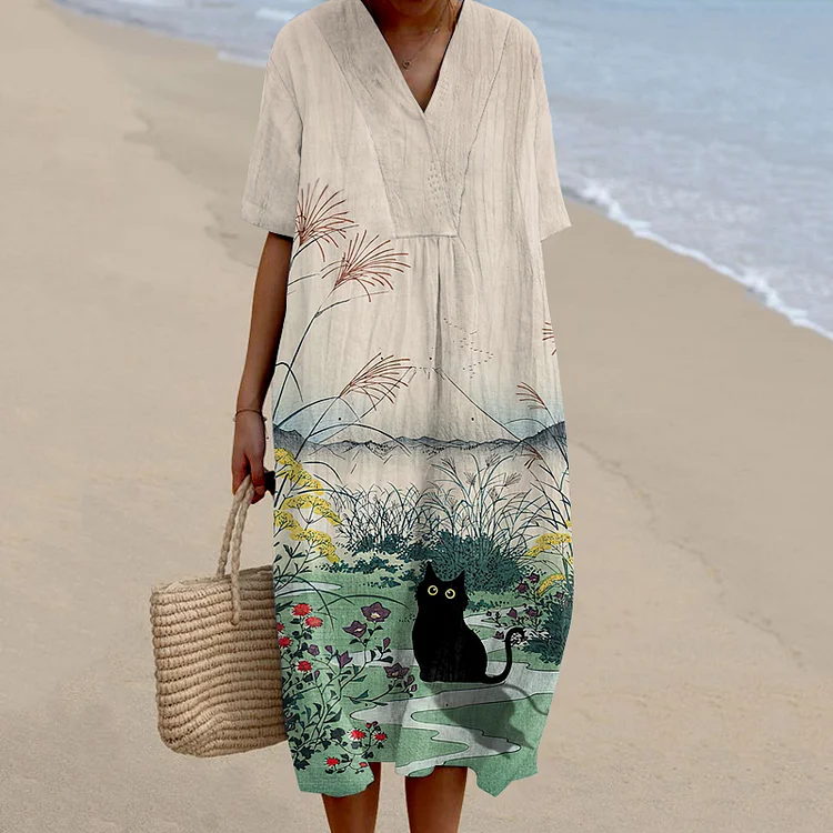 Women's Floral Black Cat Print Casual Midi Dress