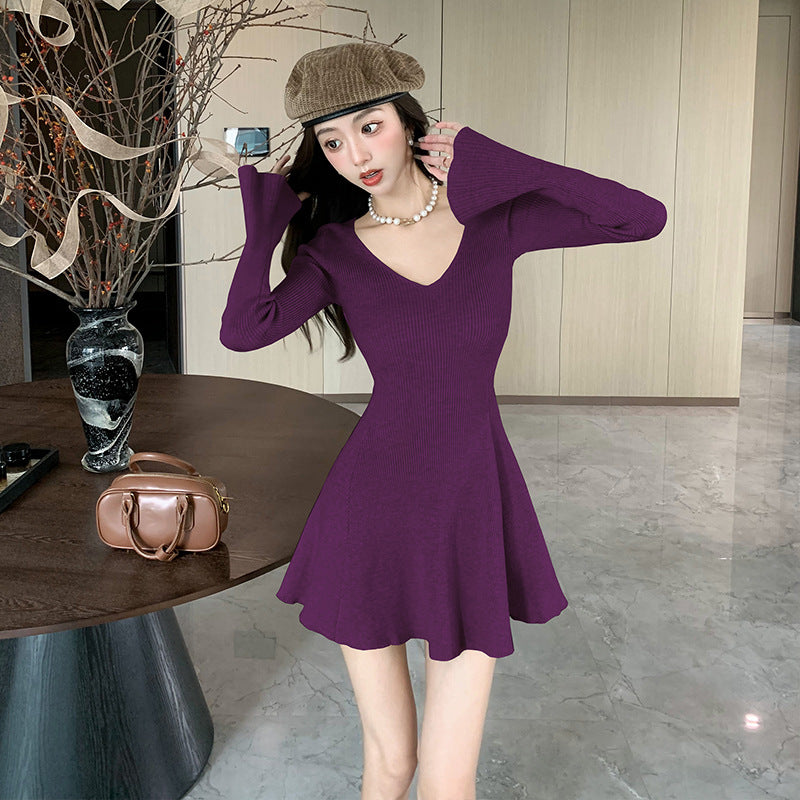 Aiertu leapord halloween outfit Autumn and Winter Japanese and Korean Style Women's Long Sleeve V-neck Bell Sleeve Sweater Dress Slim Slimming Knitted Dress 6915 aiertu