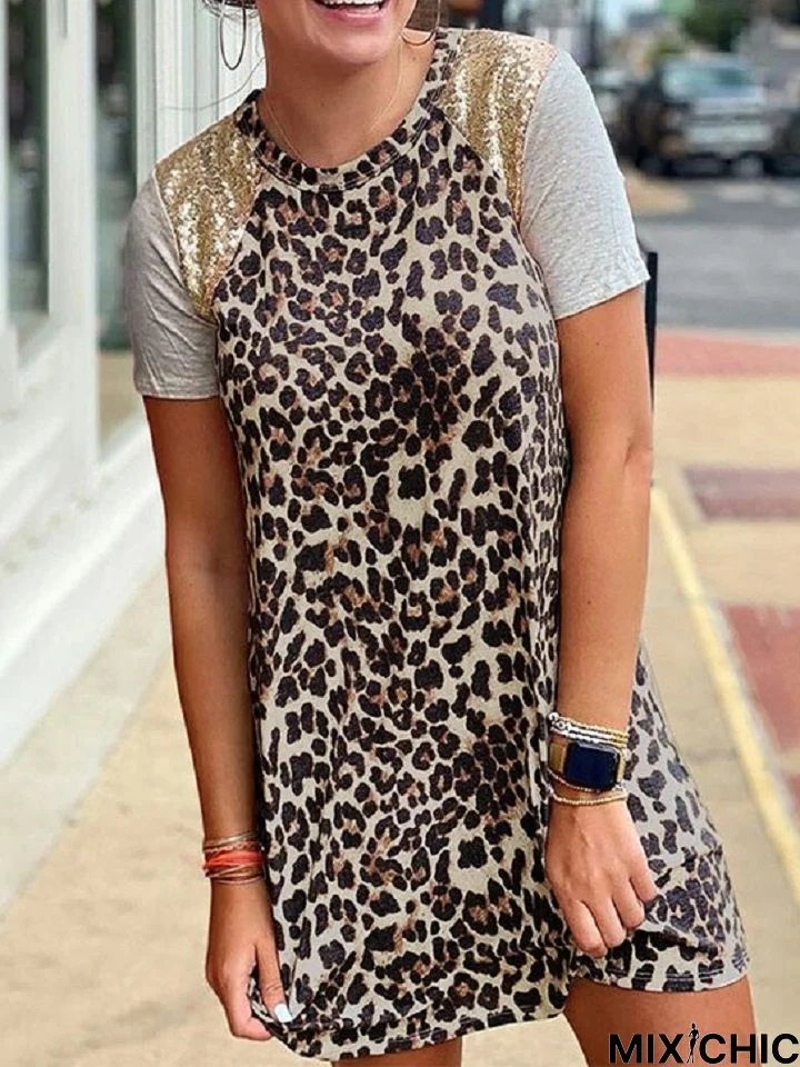 Fashion Round Neck Leopard Stitched Dress