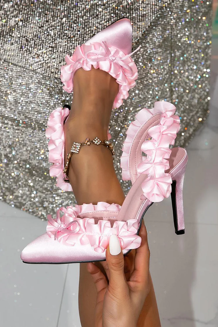 Petal Ruffle Trim Pointy Toe Slingback Strap Stiletto Heels-Pink