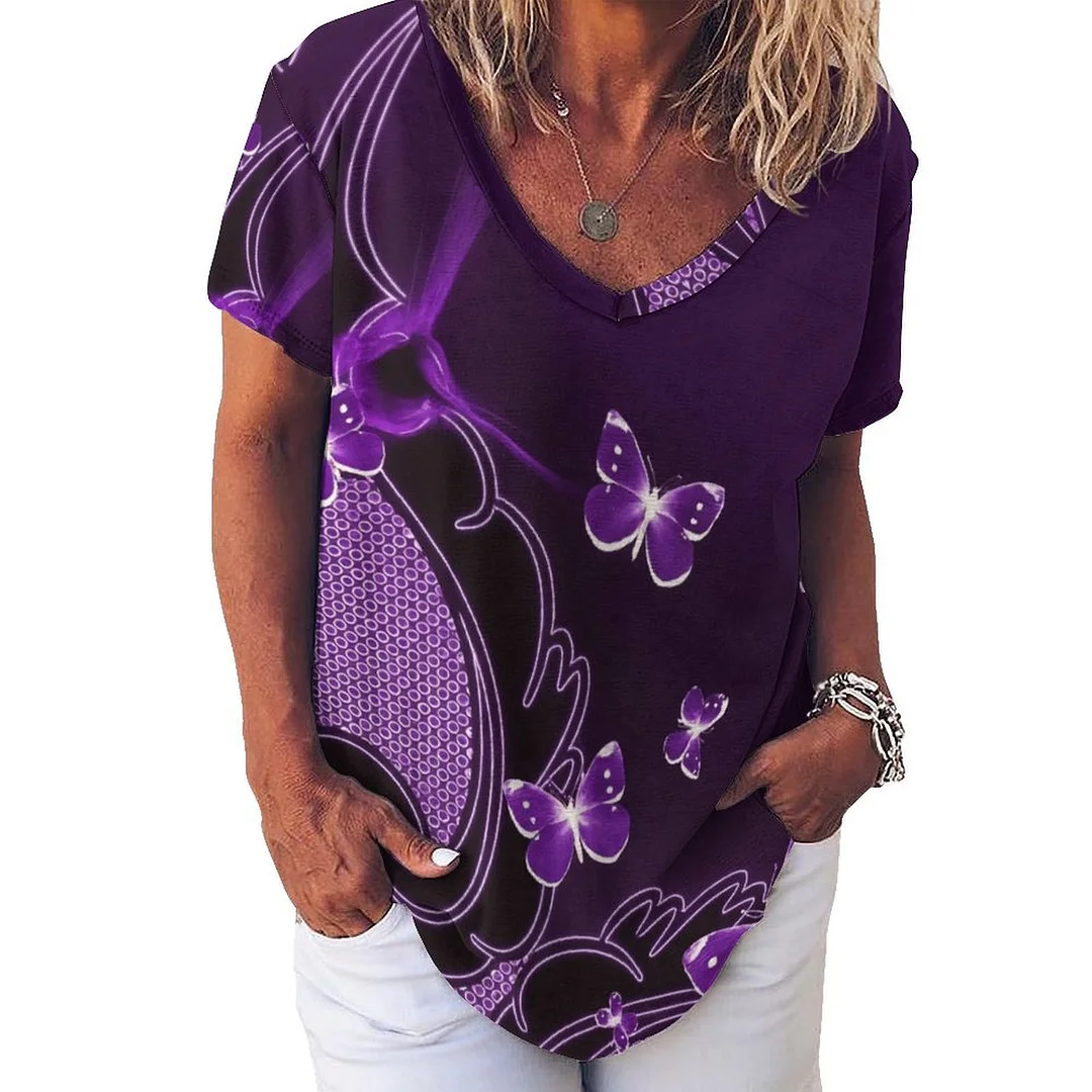 V-neck Short Sleeve Casual T-shirt for  Women Printed with Pattern Butterfly, Purple, Black