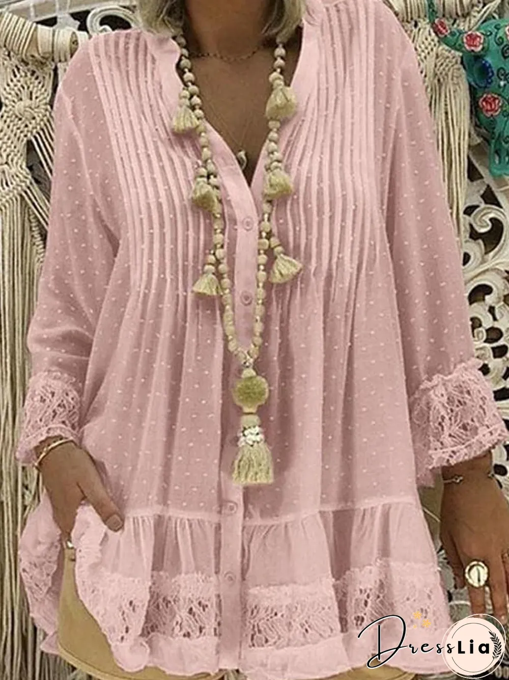 Women's Plus Size Blouse Shirt Solid Colored Long Sleeve Lace Pleated V Neck Tops Loose Basic Top White Blushing Pink Khaki-817