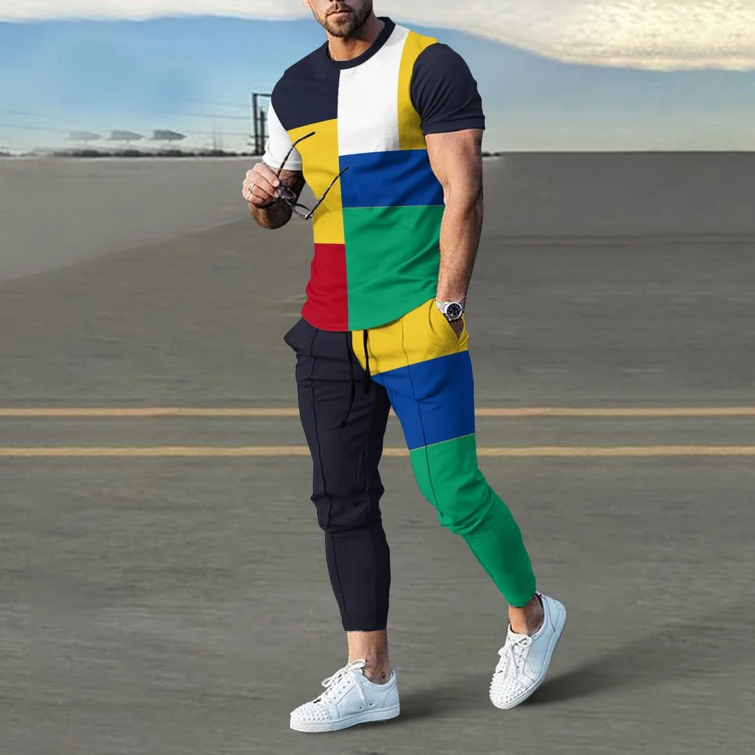 Color Block Vintage Short Sleeve Trousers Set