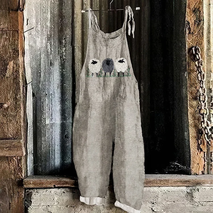 Wearshes Vintage Sheep Linen Blend Loose Casual Jumpsuit
