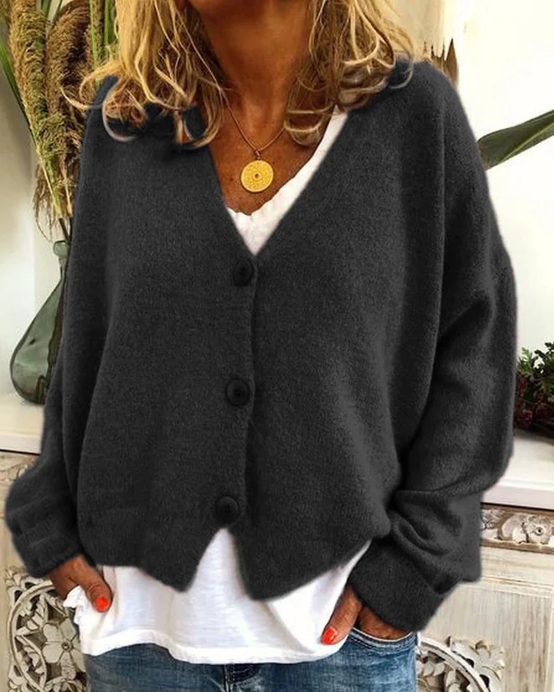 Wongn Wongn And Winter Women's Sweater Cardigan Pure Color Long Sleeve V Neck Sweater Women