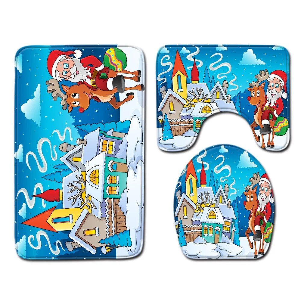 Christmas Toilet seat Cover 3pcs Set Bathroom Mat Home  Absorbent Door mats washroom Decoration Carpet Printing Flannel Rug