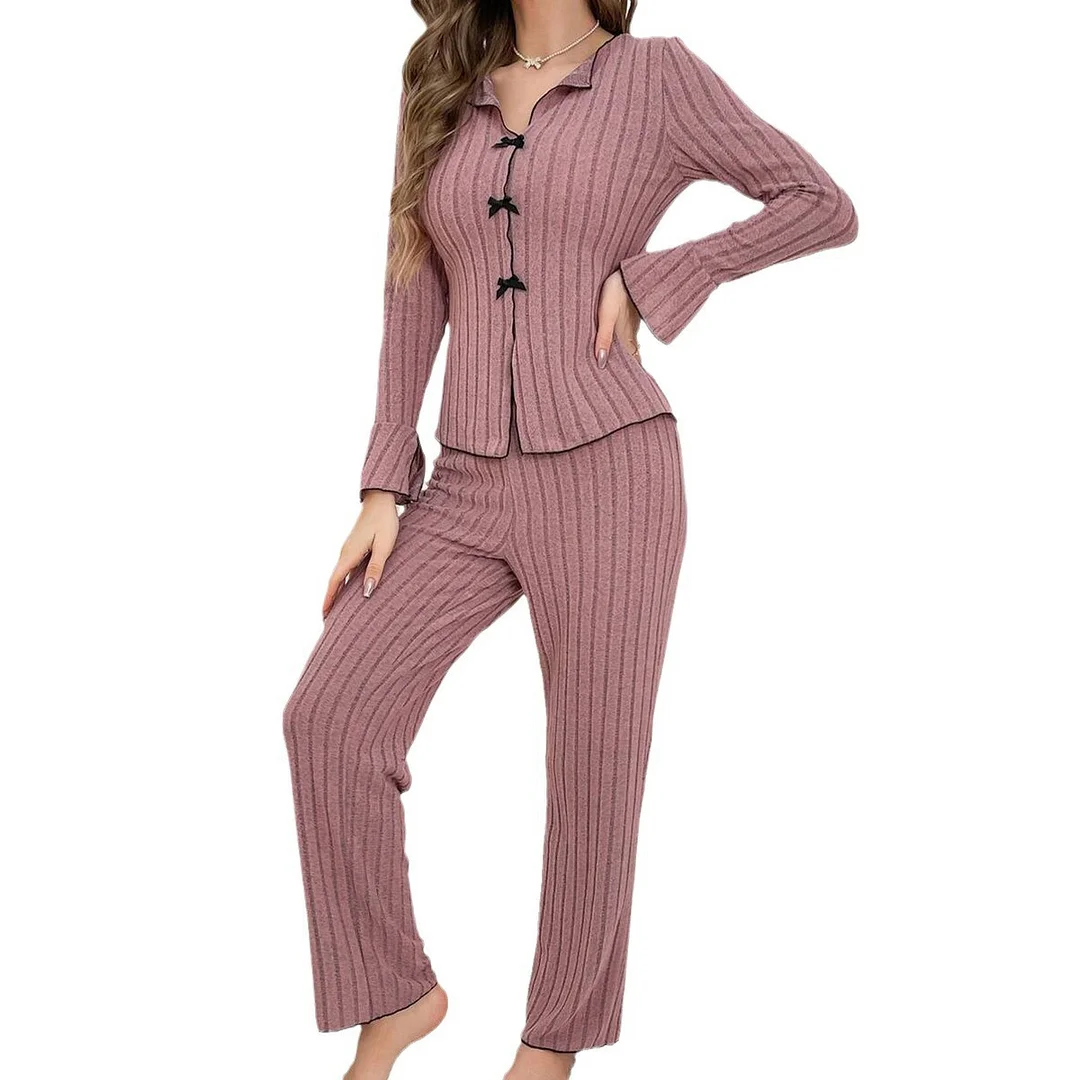 Uveng Pajamas Women Simple Fashion Collar Casual Bow Long Sleeve Trousers Homewear Suit Women