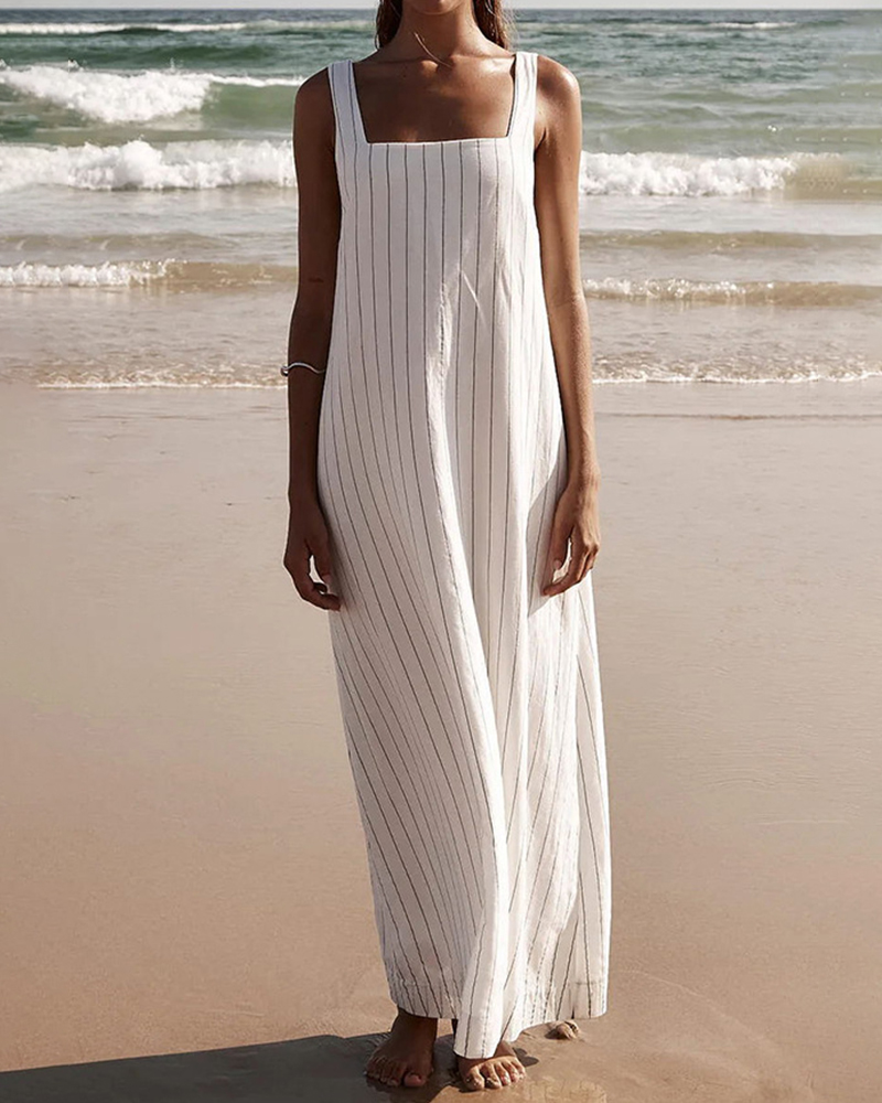 Vertical Striped Shoulder Strap Square Neck Loose Maxi Dress