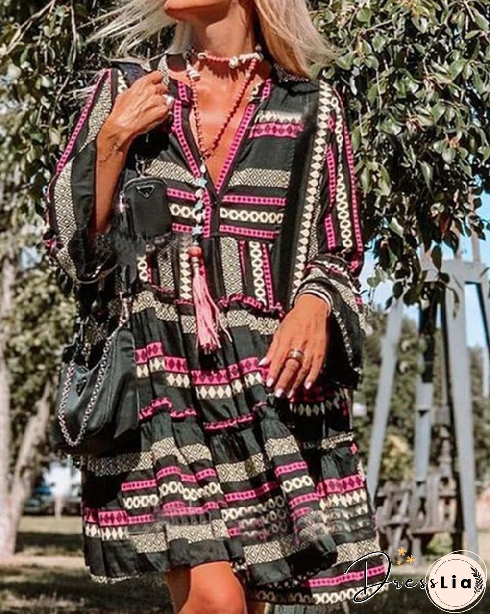 Geometric Print Flared Sleeve Mini Dress P12100