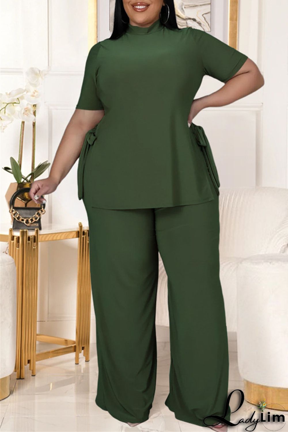 Black Fashion Casual Solid Bandage Slit Turtleneck Plus Size Two Pieces