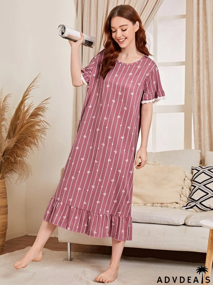 Striped & Heart Print Ruffle Hem Night Dress