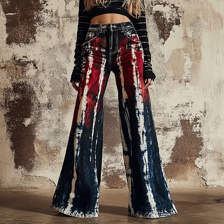 Vintage 90s Tie-dye Chain-decorated Denim Print Wide-leg Flared Trousers Casual Pants